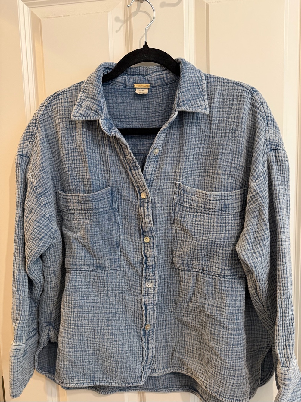 Magaschoni blue button up organic cotton blouse